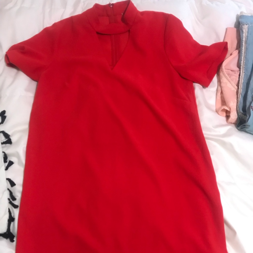 Red dress with high neck and cut out